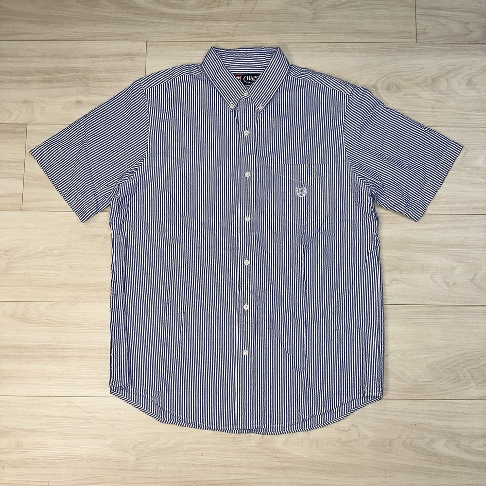 VTG Chaps Ralph Lauren Shirt Mens Medium Blue Vertical‎ Strip Seersucker Coastal